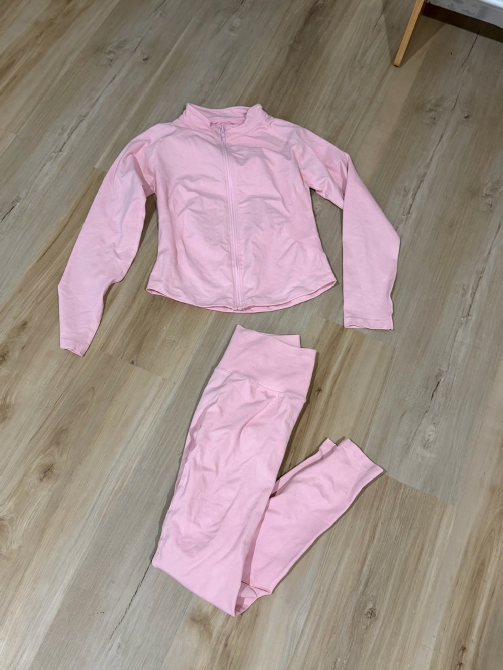 Light Pink Two-Piece Active Set - Zip Jacket & High-Waist Leggings